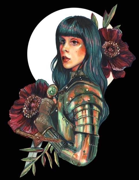 Illustrated portrait of Kellie Delaney in armor with red flowers