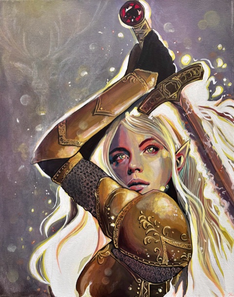 A white-haired armored woman in luminous gold and violet
