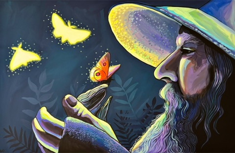 A bearded wizard holding a moth among glowing lights