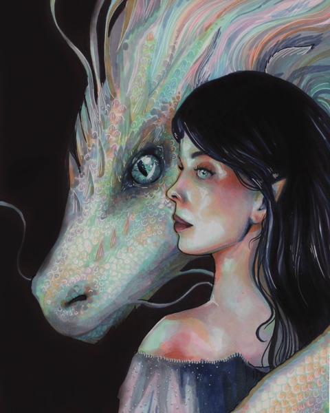 A dark-haired woman beside a pale horse