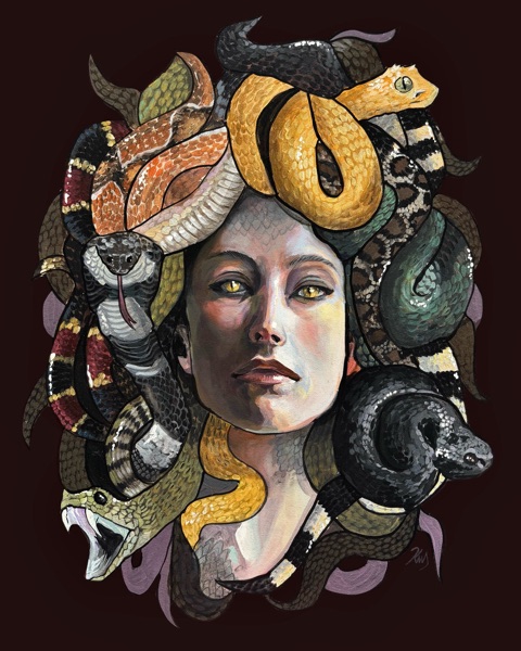 A woman crowned by intertwined snakes