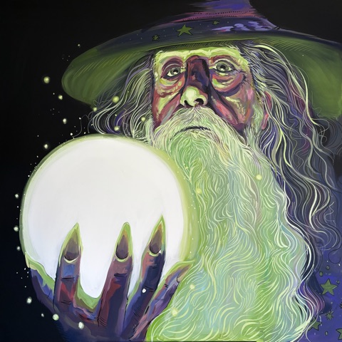 An elderly wizard with a glowing crystal orb