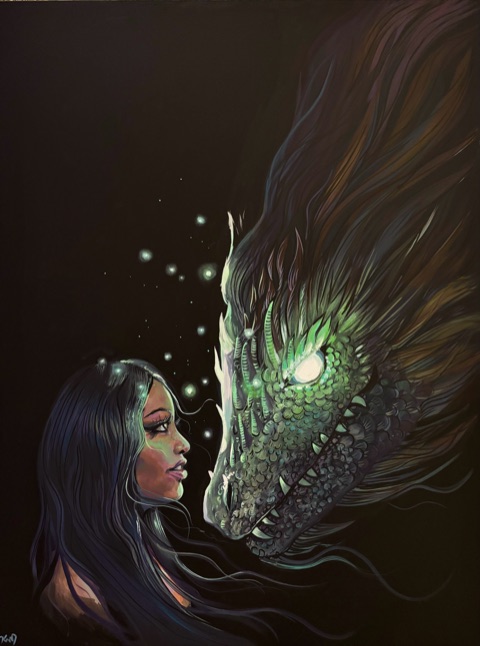 A woman facing a dark, luminous dragon