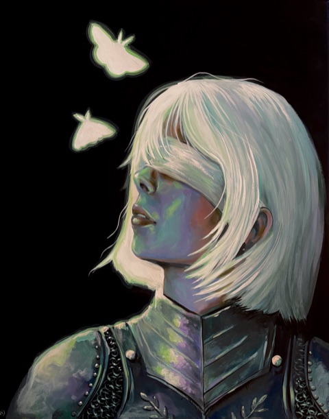 A white-haired warrior with pale moths