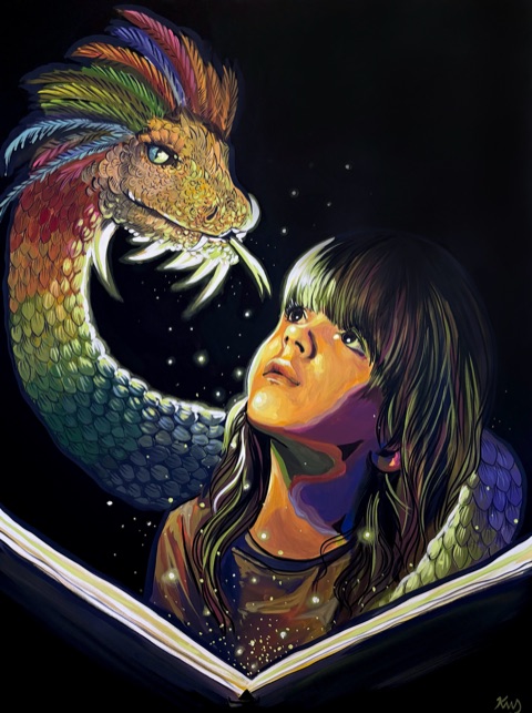 A woman and a multicolored dragon emerging from an open book