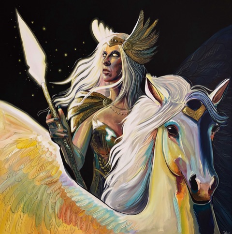 Winged riders and a white horse against a dark sky
