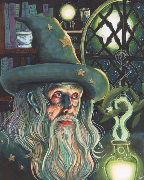 A wizard in a moonlit library with green magic