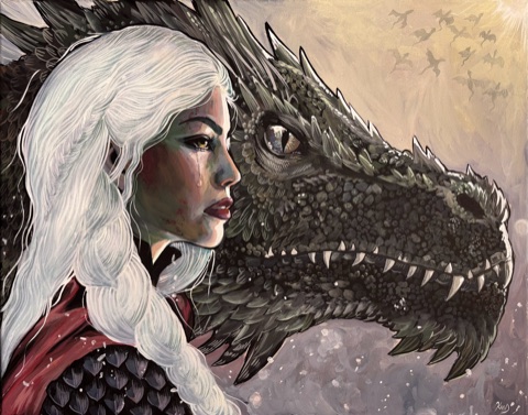 A white-haired woman facing a black dragon