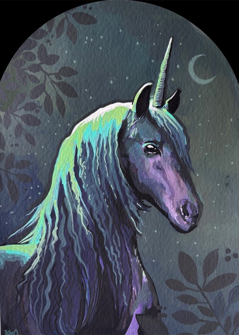 A midnight unicorn beneath a crescent moon